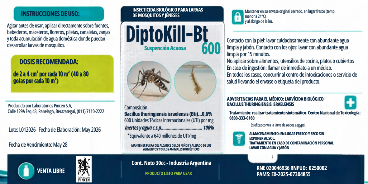 Marbete de DiptoKill-Bt 30 cc con instrucciones de uso, dosis recomendada, composici&oacute;n y registro EX-2025-07304855